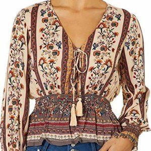 New Angie Women's Lace Up Printed Long Sleeve Top